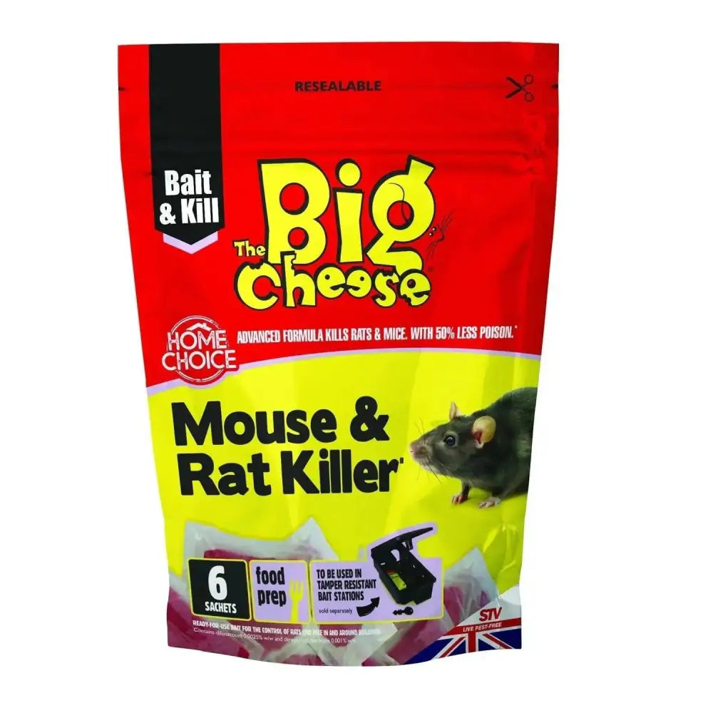 Red and yellow resealable bag of the big cheese mouse and rat killer pasta bait with six fresh pasta bait sachets for tamper stations