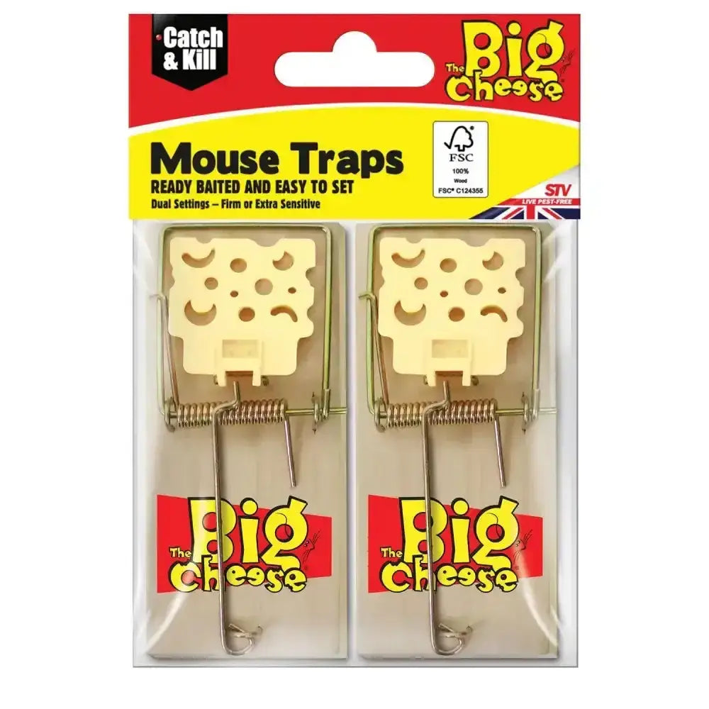The big cheese mouse trap wooden with off-white cheese-shaped bait plate and metal spring mechanism for easy catch