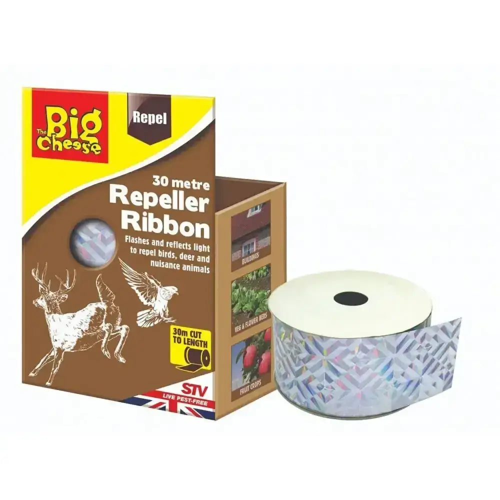 The big cheese repeller ribbon is a 30-meter roll of reflective silver holographic repeller ribbon iridescent for deterring birds and deer