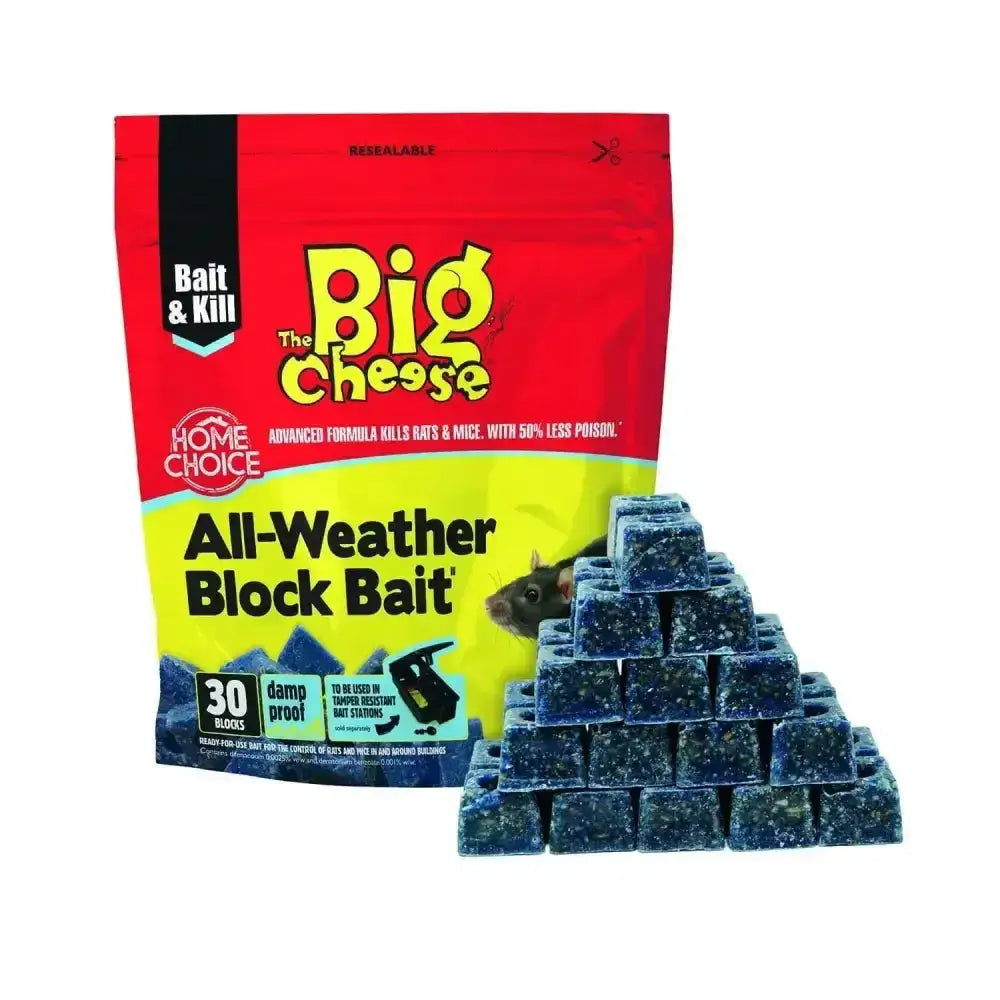 The big cheese ultra power rodent bait blocks in red and yellow damp-proof packaging stacked in a pyramid