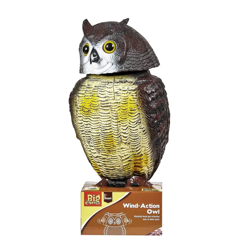 Brown and yellow plastic big cheese wind-action owl decoy with rotating head to protect from pests