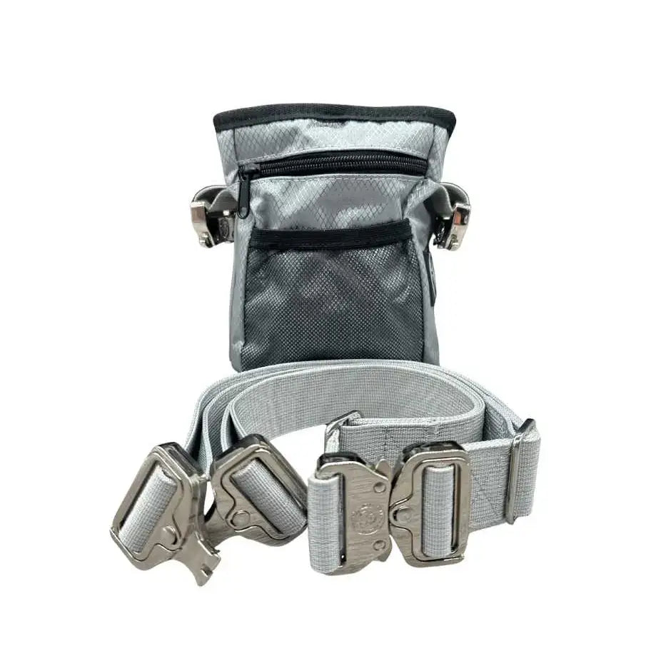 Gray tactical belt with silver buckles and matching misty grey btactical dog walking treat bag with black zipper accents