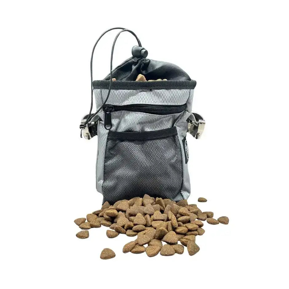 Gray and black btactical dog walking treat bag with mesh side pocket zipper closure and adjustable drawstring top in misty grey