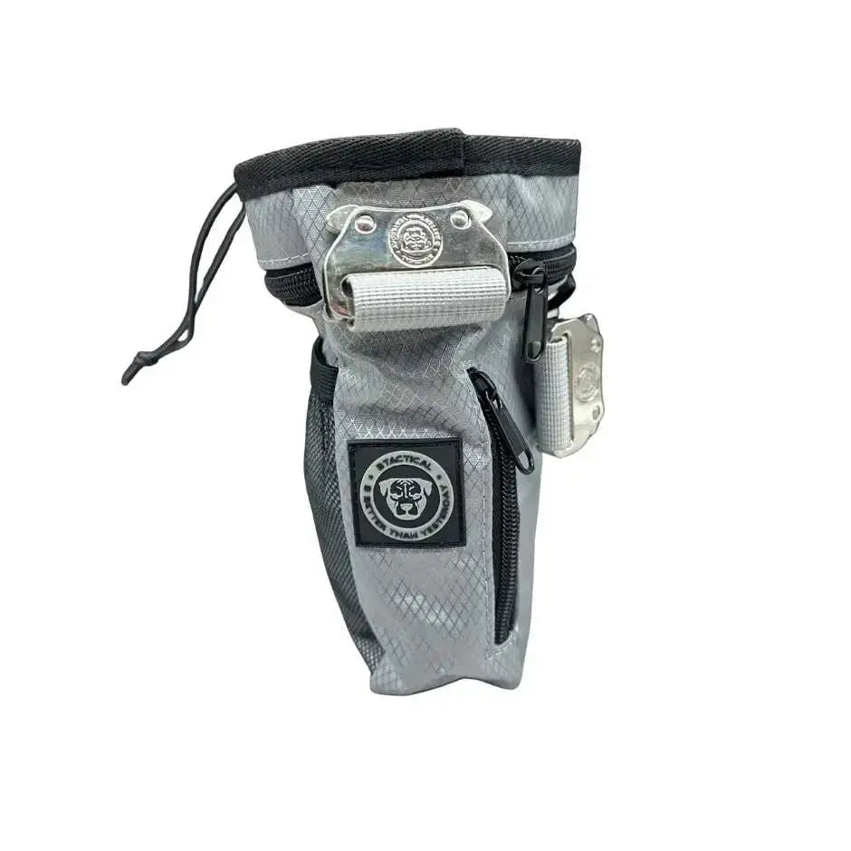 Gray tactical dog walking treat bag in misty grey with black trim mesh pocket and metal clasp for easy access