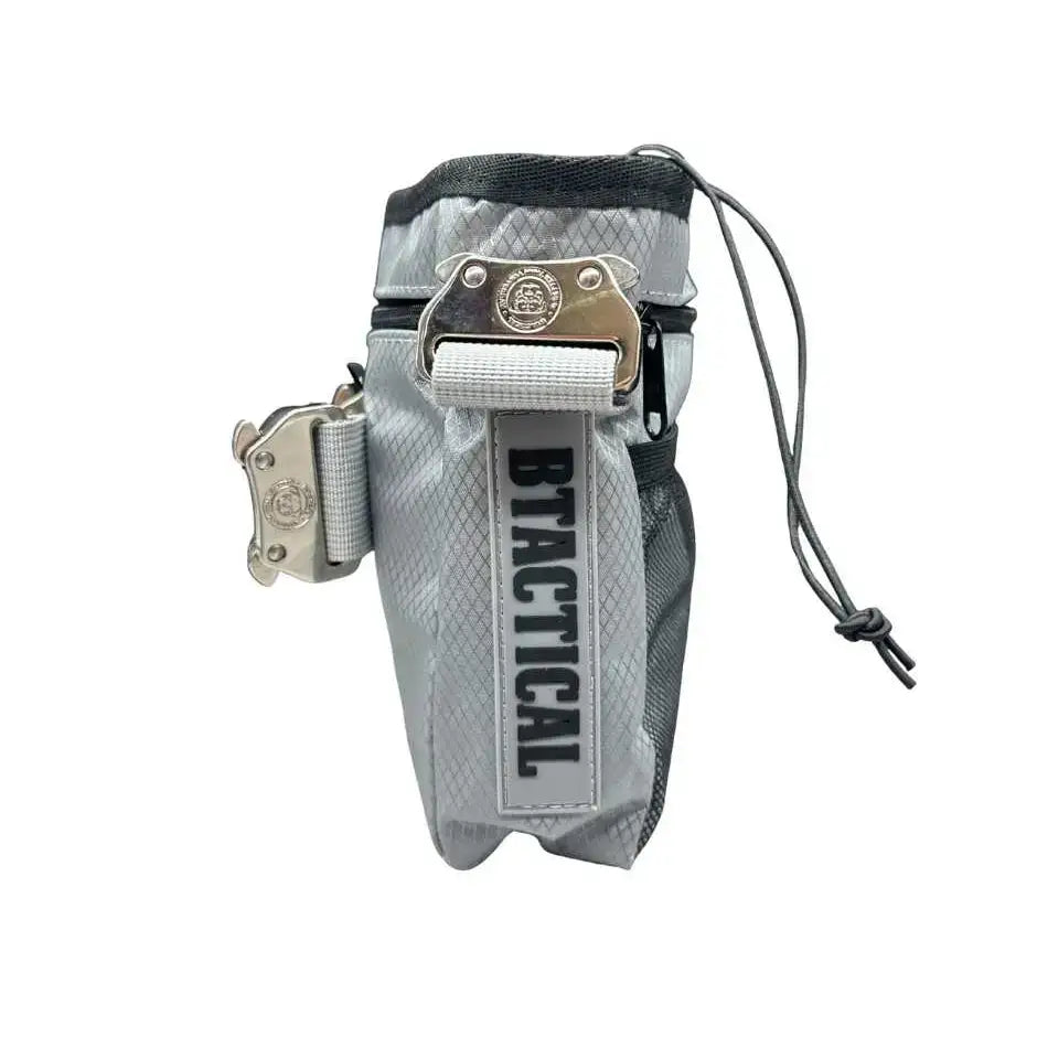 Gray tactical walking treat bag with black trim silver buckle and b-tactical label in misty grey for btactical dog walking
