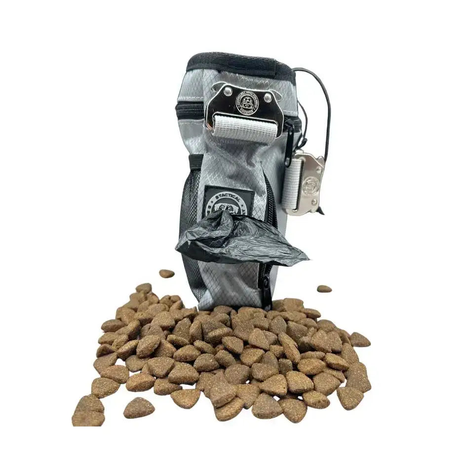 Gray and black btactical dog walking treat bag in misty grey with metal clip for easy attachment