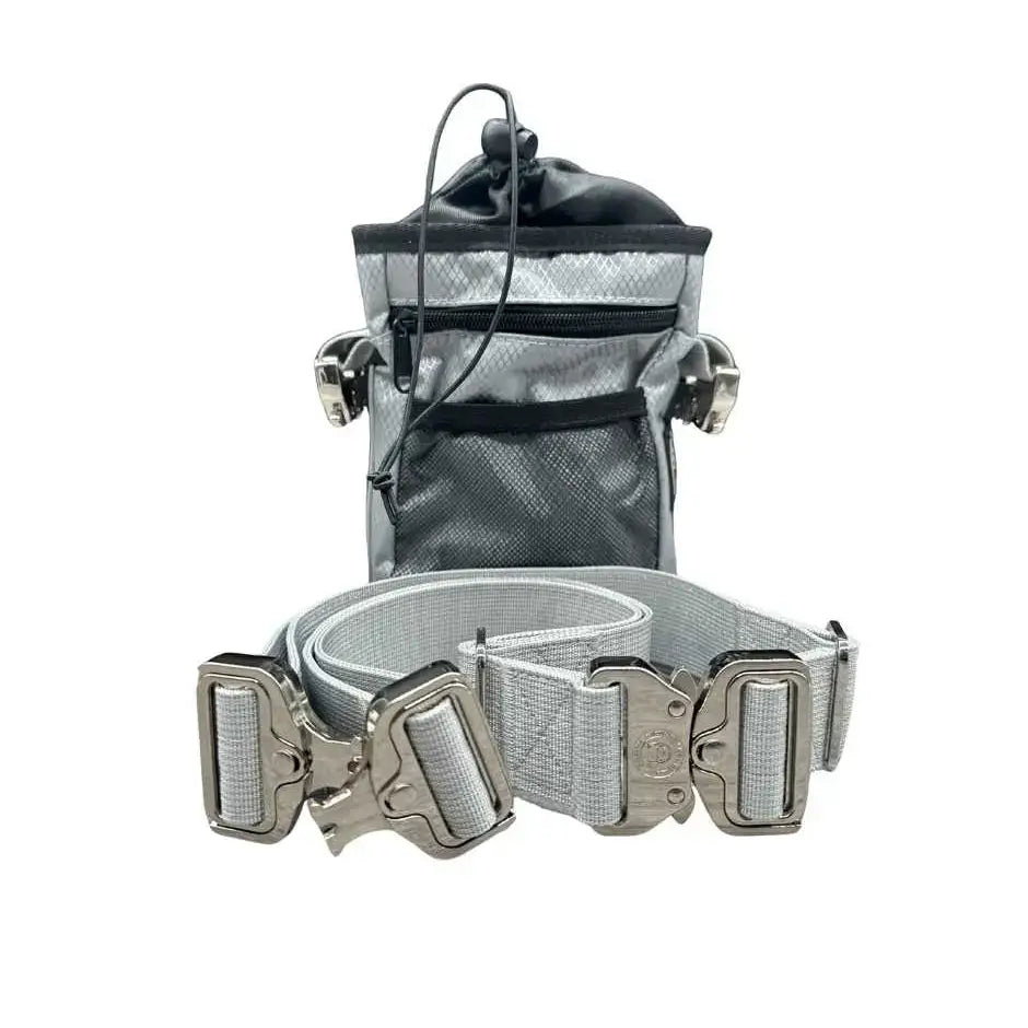 Silver and black btactical dog walking treat bag with mesh pockets and metal buckles in misty grey webbing belt