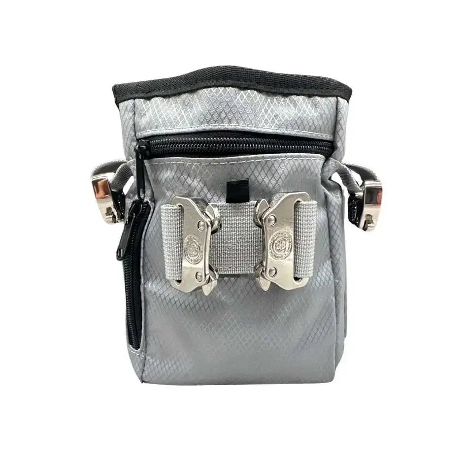 Silver textured btactical dog walking treat bag in misty grey with black zipper and metallic buckles