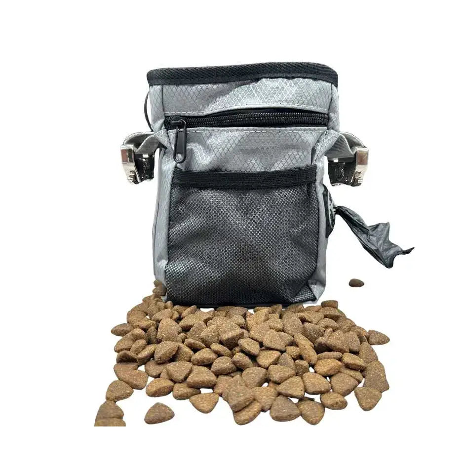Silver and black btactical dog walking treat bag in misty grey with mesh side pocket zipper closure and metal clips