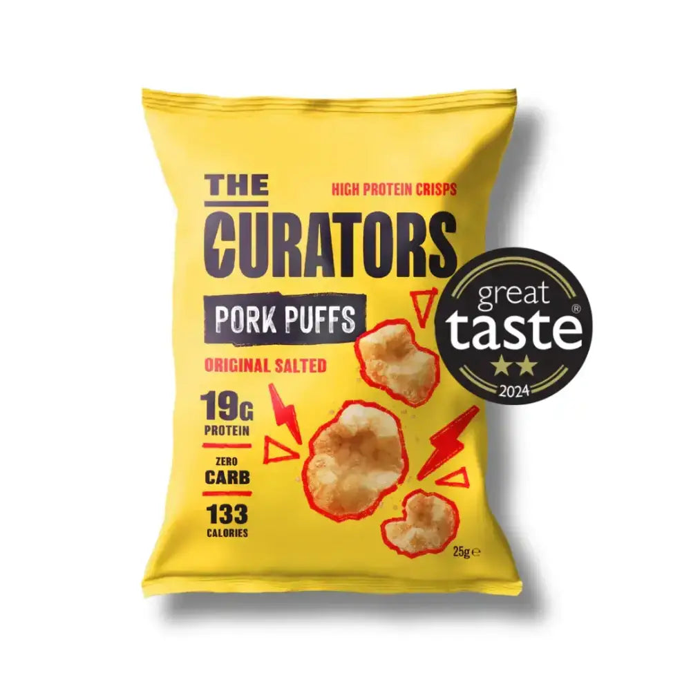 A bright yellow bag of curators salted pork original salted flavor with bold black and red label and crispy pork puffs illustration
