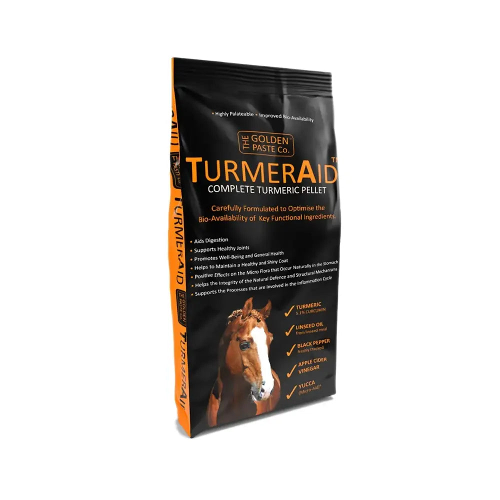 Black and orange bag of turmeraid pelleted turmeric supplement by the golden paste company for horses