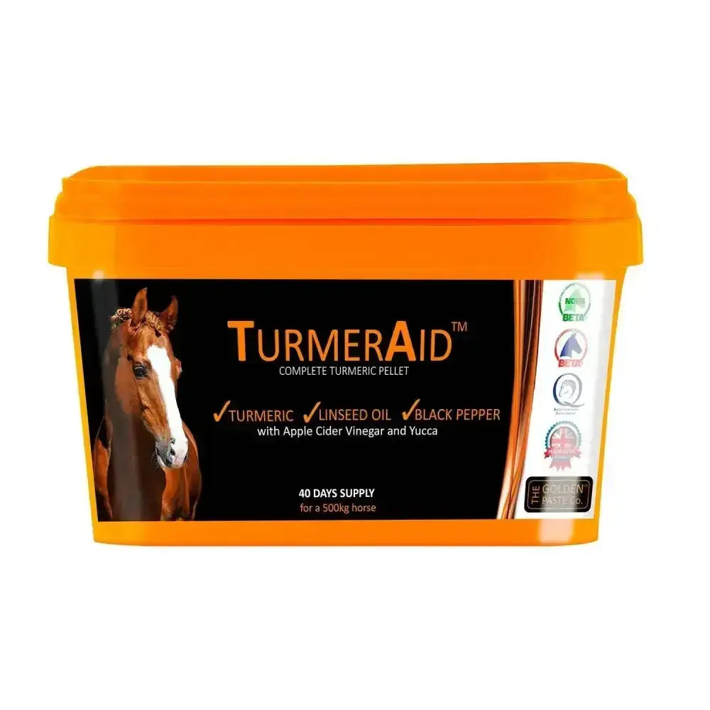 Bright orange plastic tub of turmeraid pelleted turmeric supplement by the golden paste company for horses