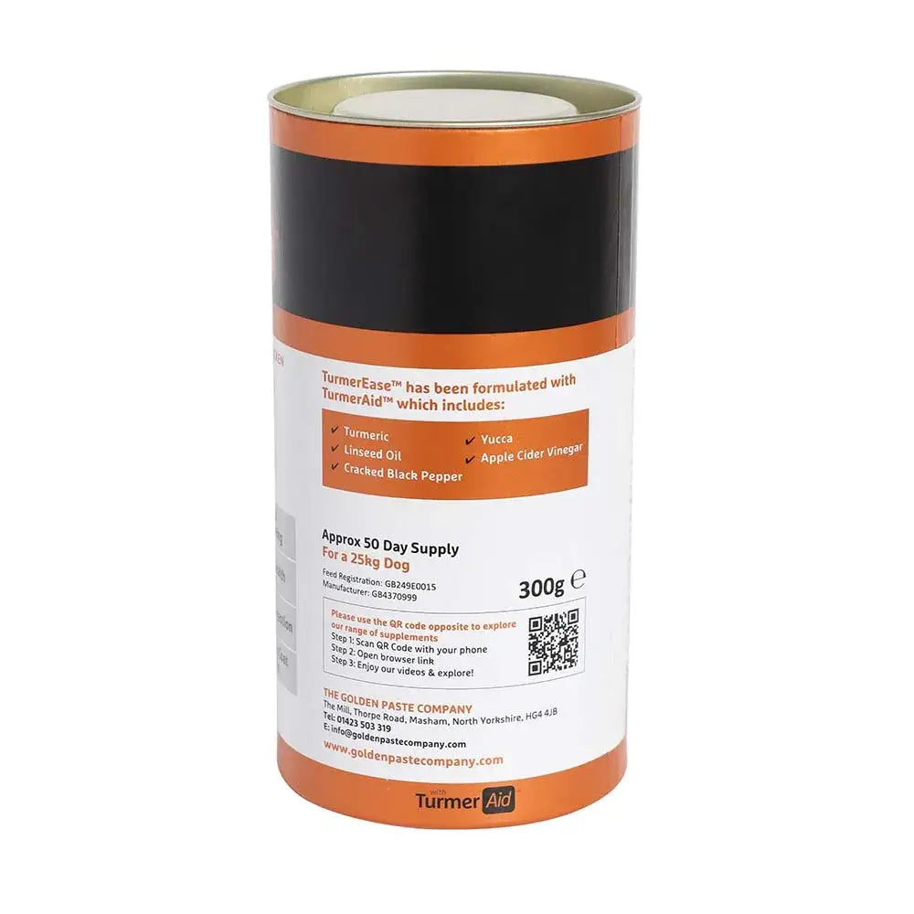 Orange and black cylindrical container of the golden paste co turmerase dog supplement supports micro-flora naturally