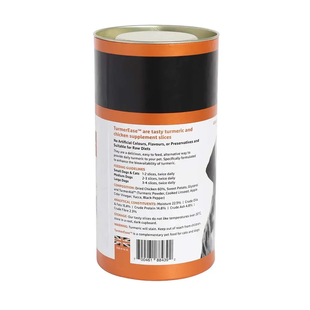 Orange and black cylindrical container of the golden paste co turmerease turmeric and chicken supplement slices for pets