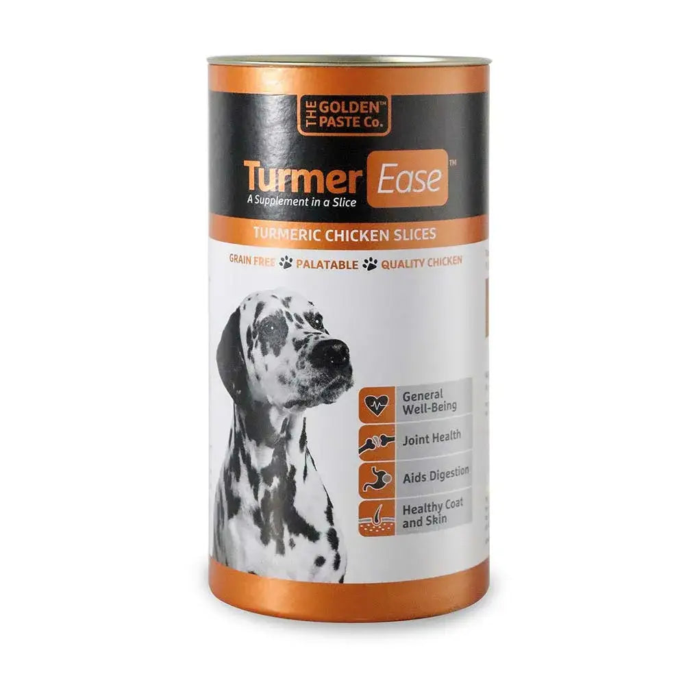 A cylindrical can of the golden paste co turmeric paste supports micro-flora naturally for equestrian health