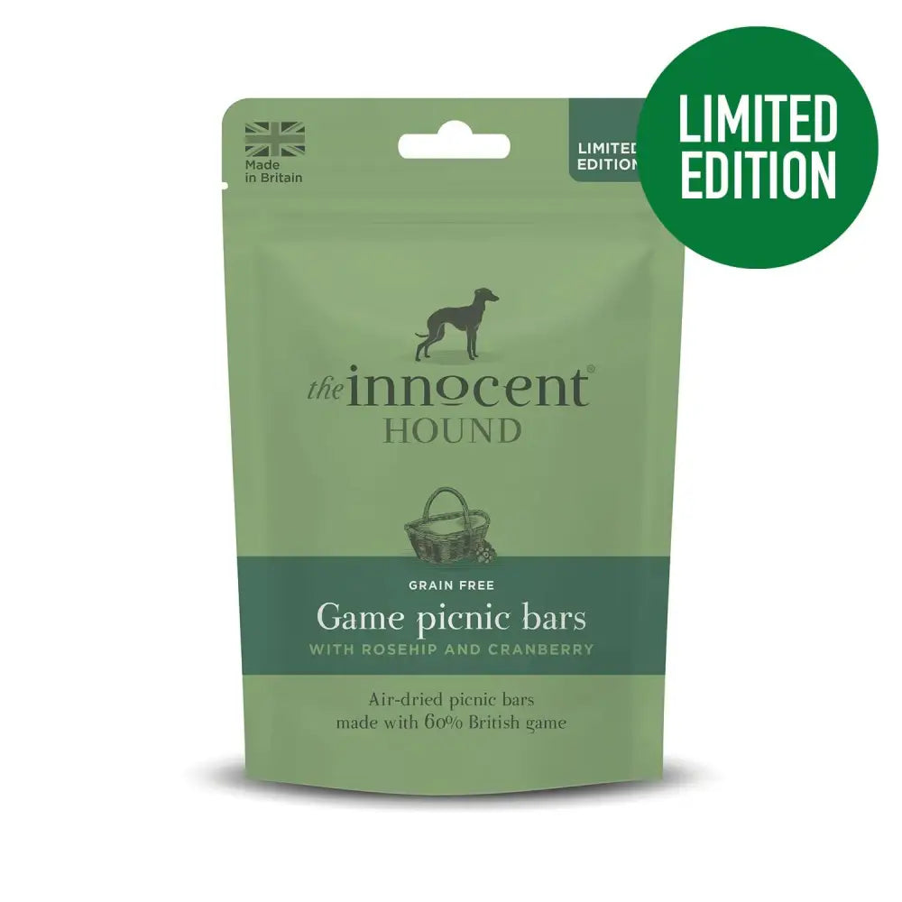 The innocent hound game picnic bars rosehip in sage green pouch with grain-free limited edition recipe