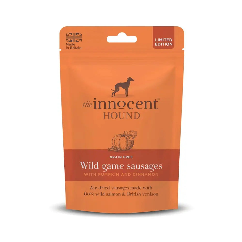 Orange pouch of innocent hound wild game sausages pumpkin and cinnamon grain free game sausages pumpkin flavor
