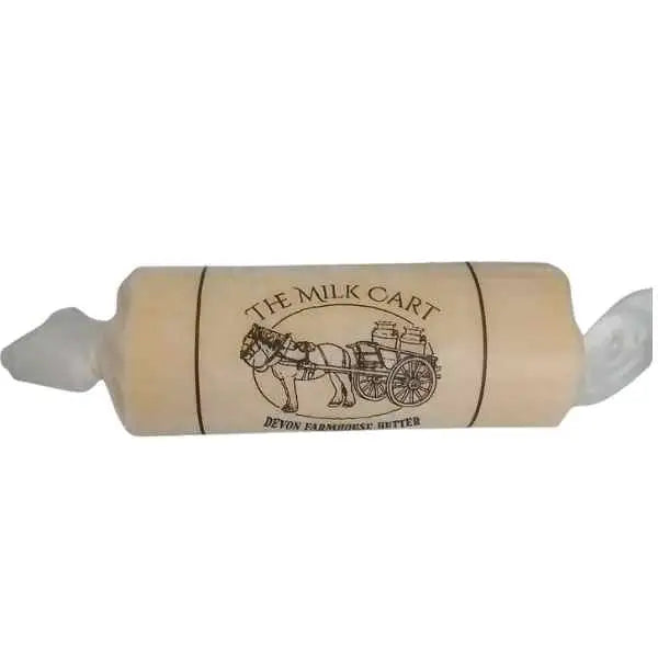 Cream-colored rolling pin with vintage milk cart and devon farmhouse butter text wrapped in clear plastic for farrs farm butter fans