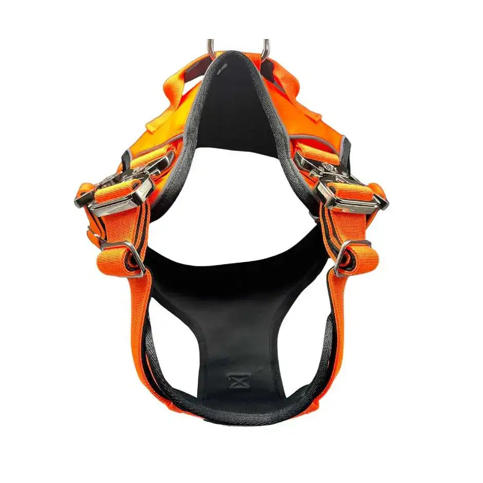 Bright orange and black ultimate btactical harness with sturdy metal buckles and hidden tracker pocket dog harness