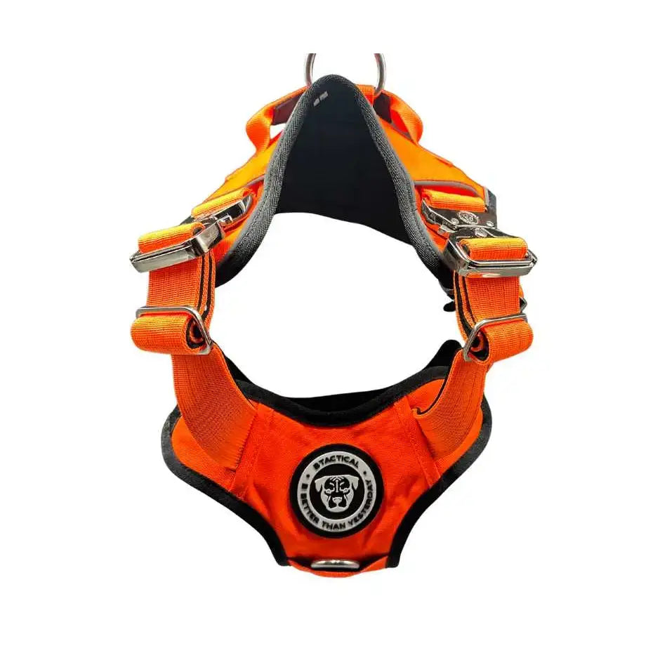 Bright orange ultimate btactical harness with black padded interior and silver hardware featuring hidden tracker pocket