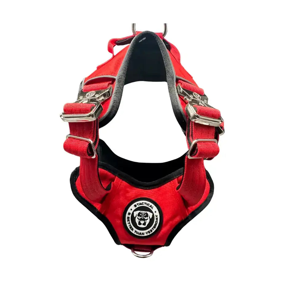 Red tactical dog harness in citrus red with black trim and silver hardware featuring the ultimate btactical harness design