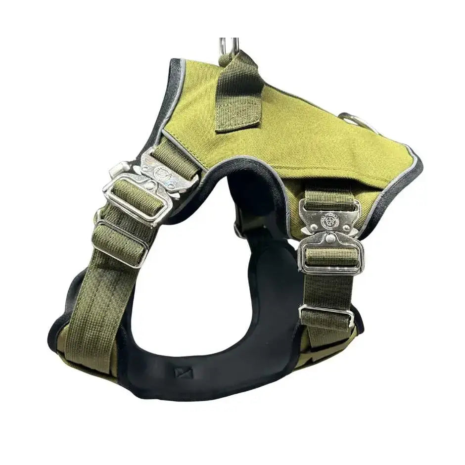 Olive green and black no pull ultimate btactical harness khaki with silver metal buckles and hidden tracker pocket
