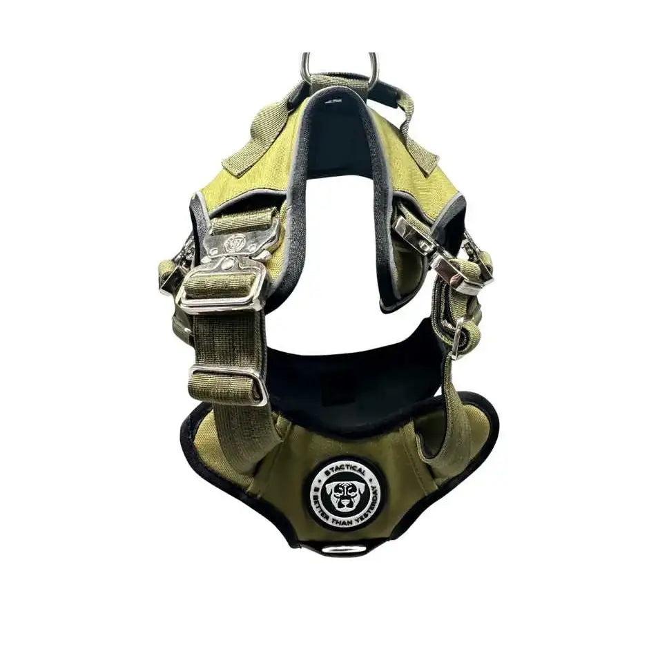 Olive green ultimate btactical harness with black padded interior silver buckles and hidden tracker pocket khaki green