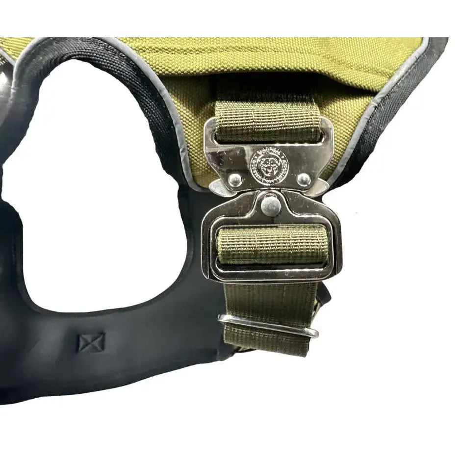 Olive green and black ultimate btactical harness with sturdy metal buckle and hidden tracker pocket in btactical harness khaki style