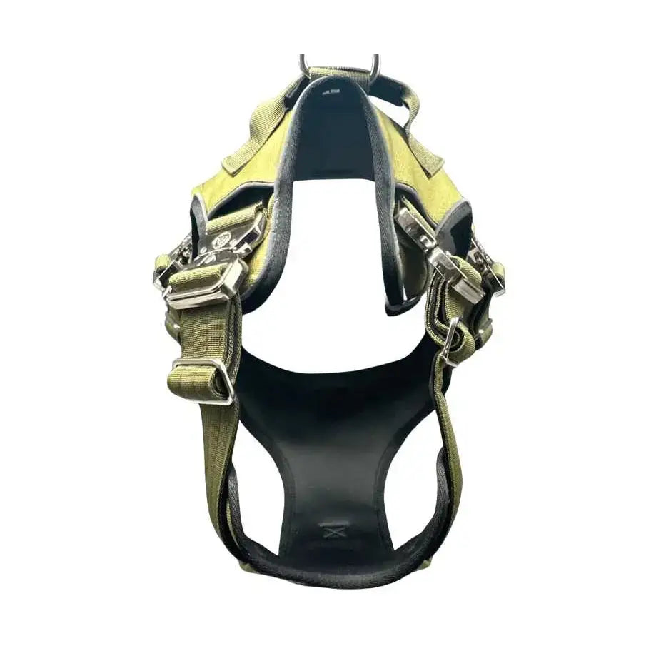 Olive green and black ultimate btactical harness khaki with adjustable straps metal buckles and hidden tracker pocket