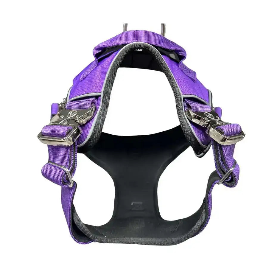 Purple and black durable dog harness with silver metal buckles featuring a hidden tracker pocket from ultimate btactical harness