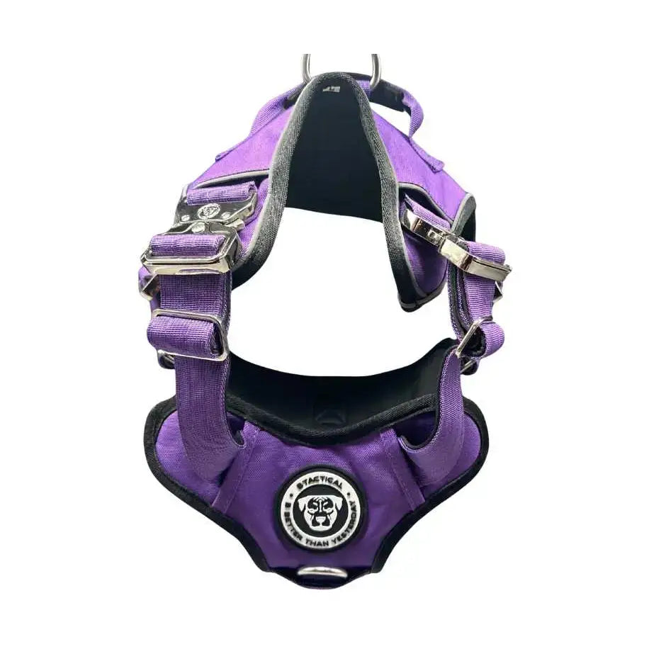 Purple durable dog harness with black trim silver buckles and hidden tracker pocket the ultimate btactical harness