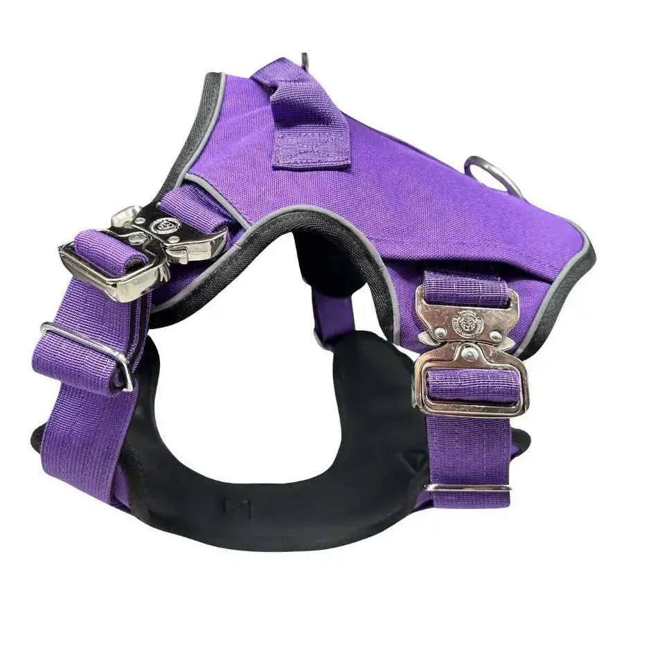 Lavender purple ultimate btactical harness with black padded lining silver metal buckles and hidden tracker pocket durable dog harness