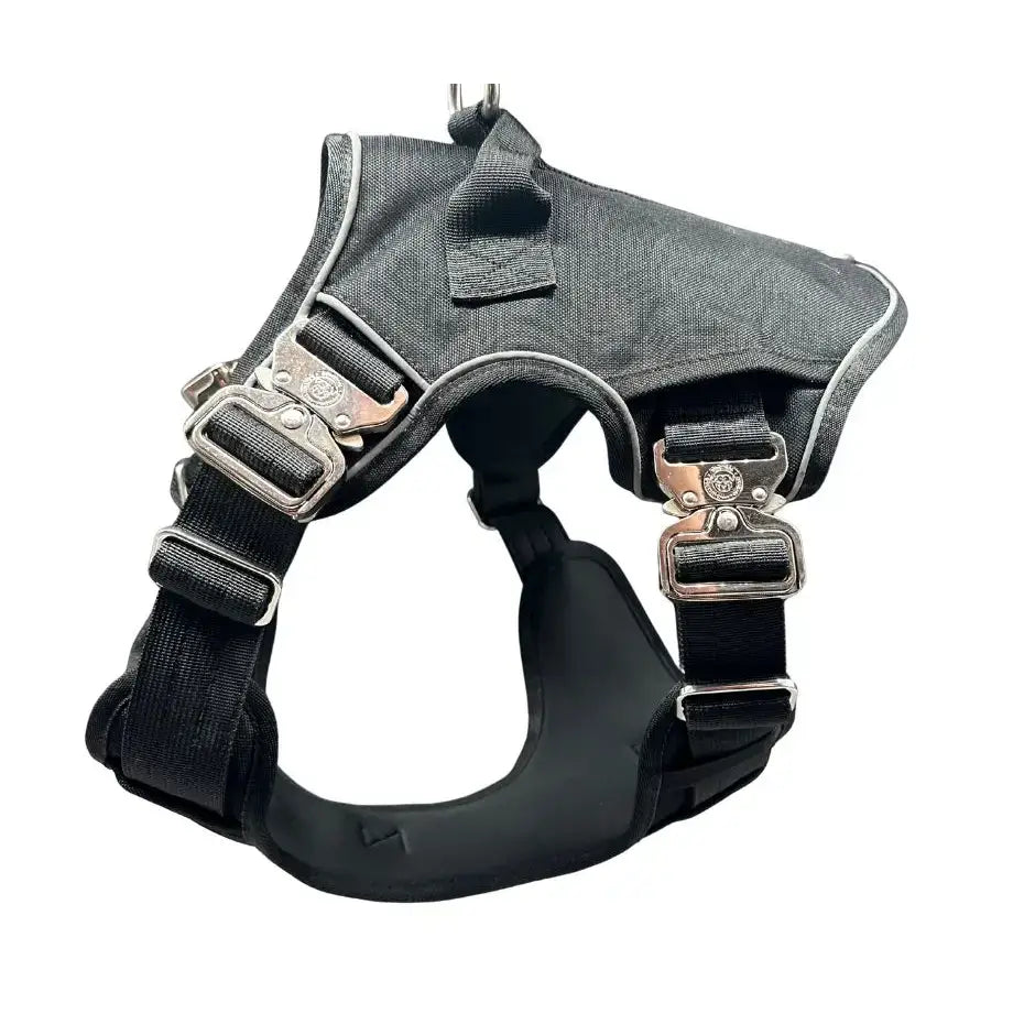 Black and gray denim ultimate btactical harness with silver buckles body support and hidden tracker pocket