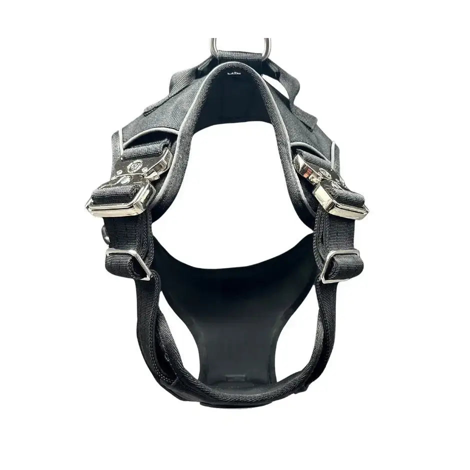 Black dog harness with silver buckles and reinforced stitching from the ultimate btactical harness for body support