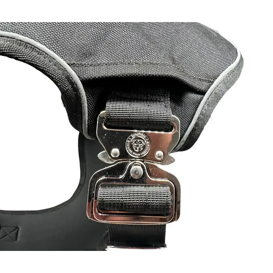 Black ultimate btactical harness with silver reflective trim metallic buckle and hidden tracker pocket for body support