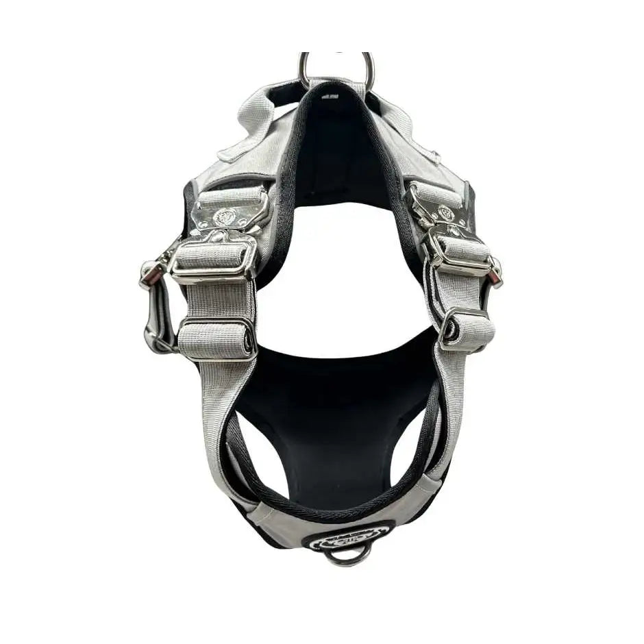 Silver and black ultimate btactical harness in misty grey with adjustable straps and metal buckles for no pull control