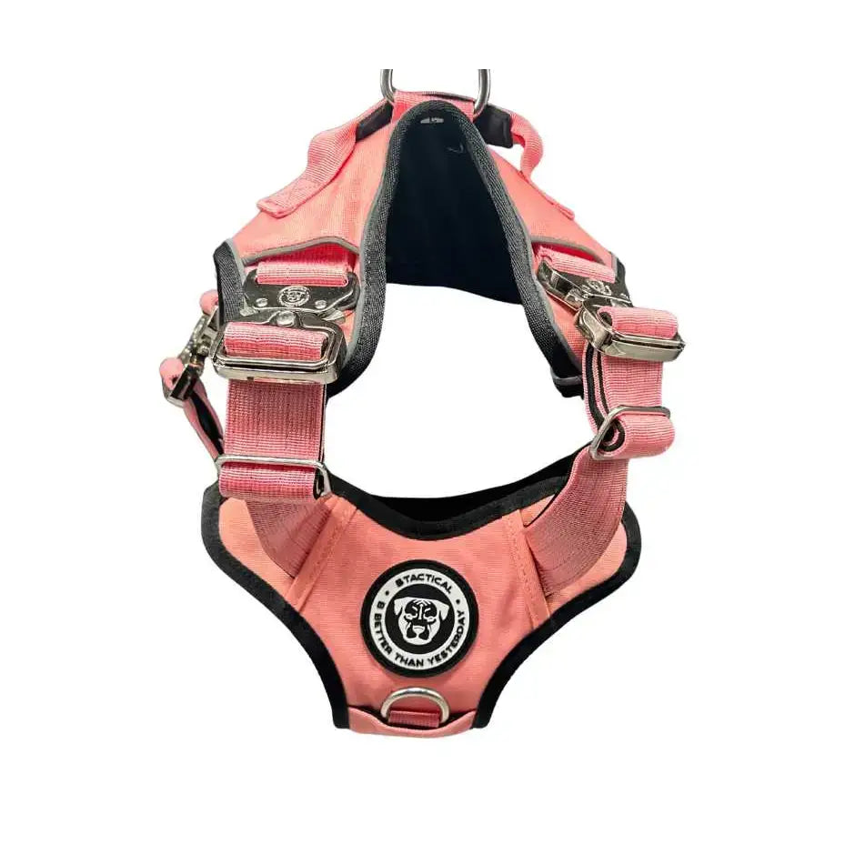 Pink tactical dog harness with black trim and silver hardware featuring hidden tracker pocket ultimate btactical harness