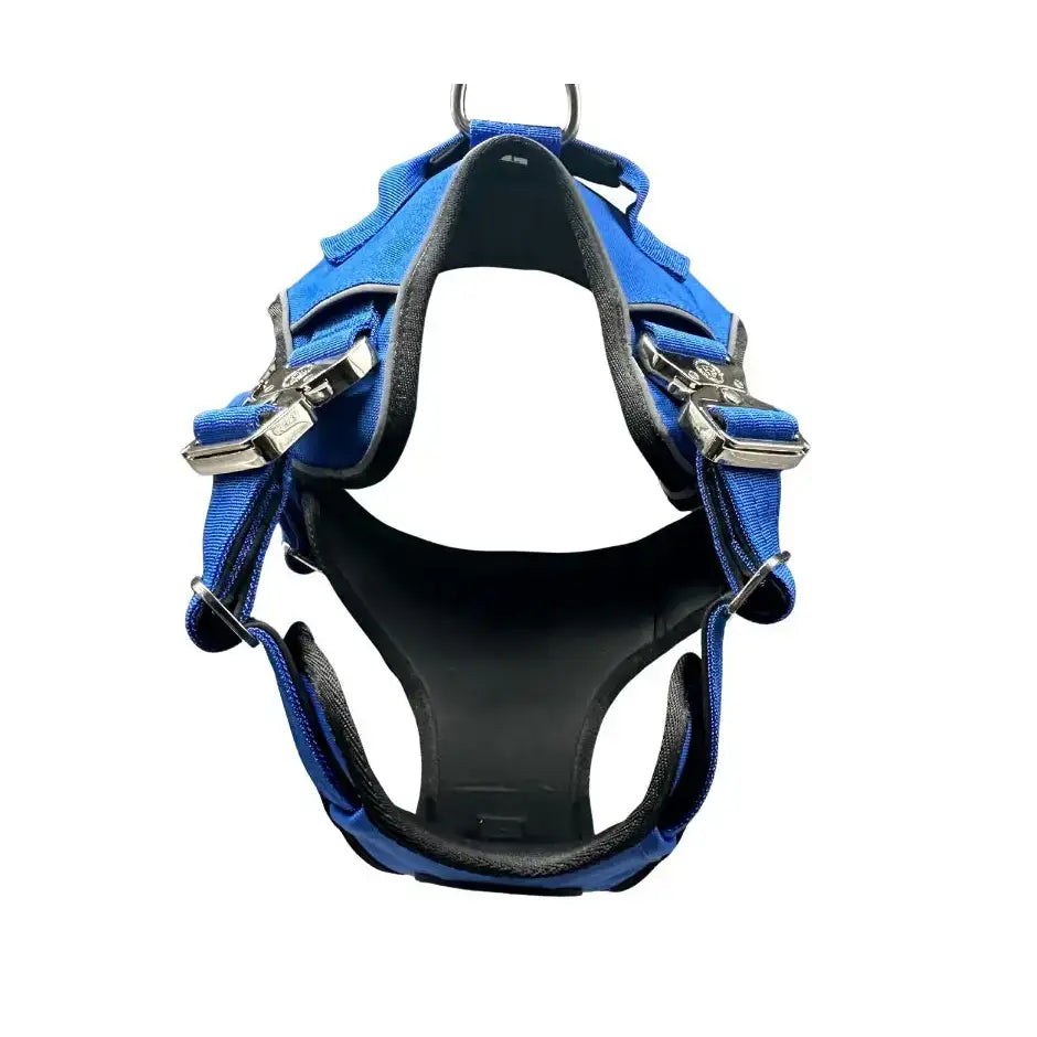 Blue no pull ultimate btactical harness with black padded interior silver metal buckles and hidden tracker pocket