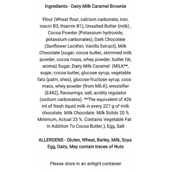 The back label of the old parlour bakes brownie cake slice showing dairy milk caramel brownie ingredients in north devon