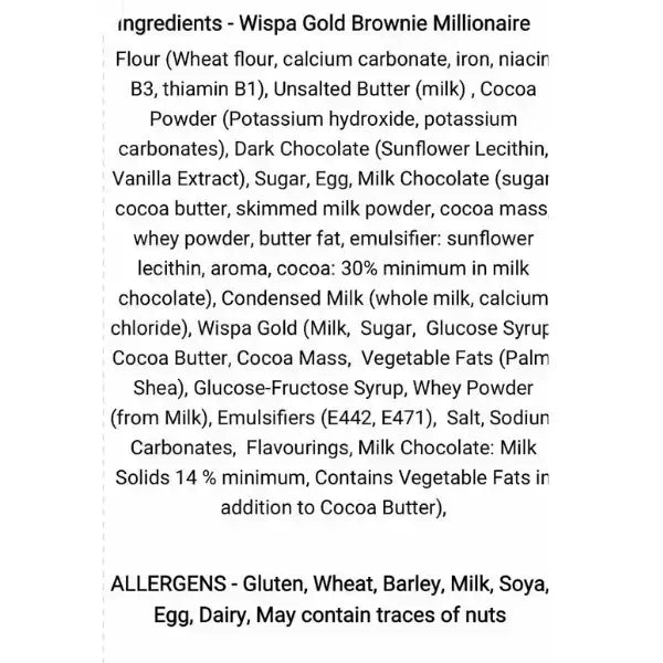 Back side ingredient list of the old parlour bakes brownie millionaire slice showing gooey chocolate details