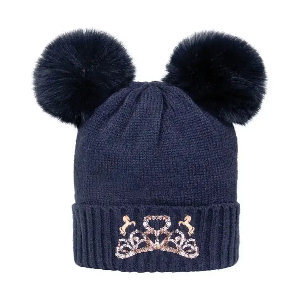 Navy blue knitted princess and the pony bobble hat by little rider with fluffy faux fur pom poms and sequined tiara design