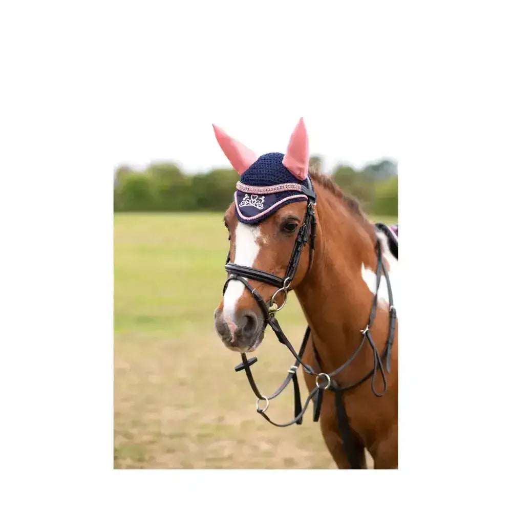 Navy close-knit crochet princess and the pony fly veil by little rider with breathable ears and pink ear flaps