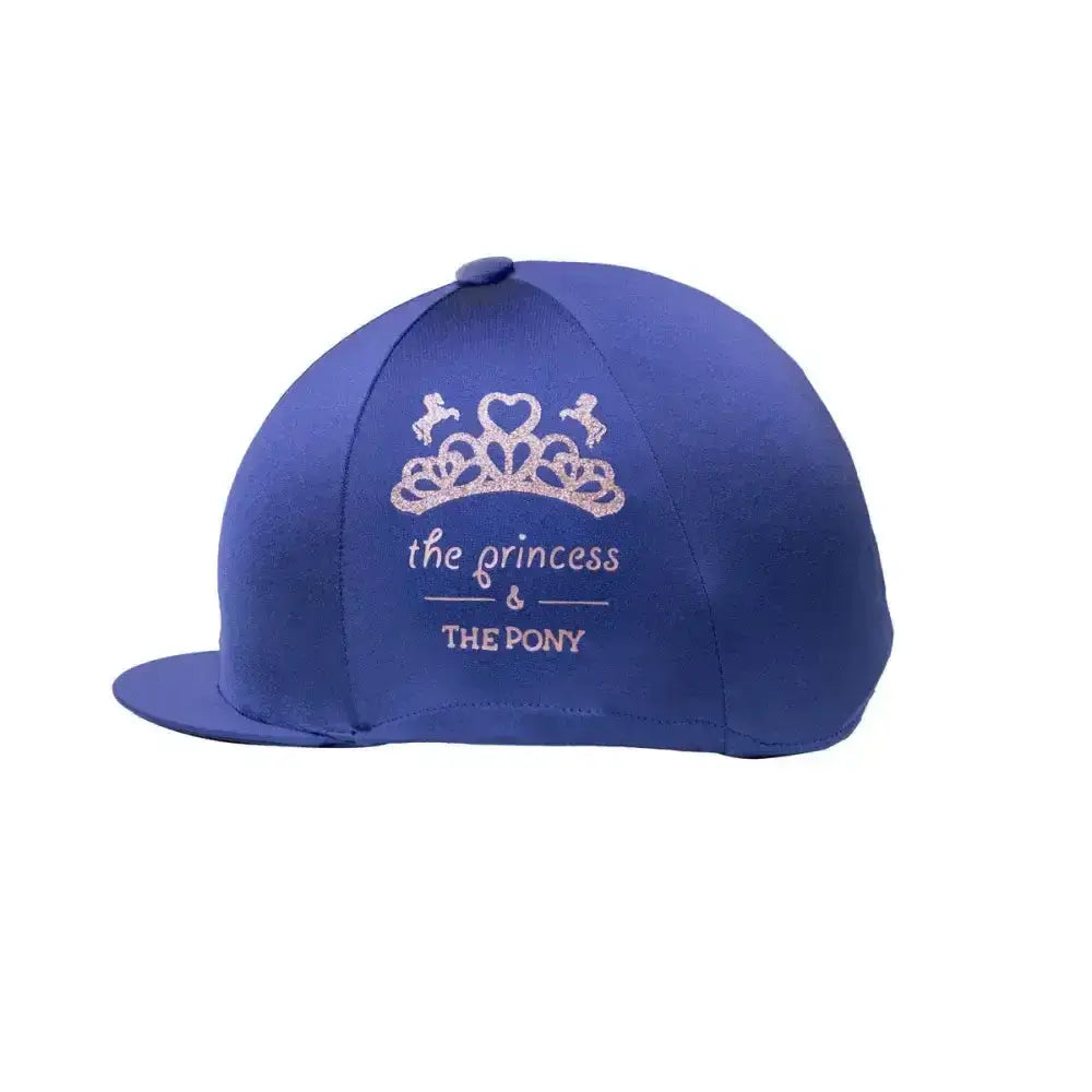 Royal blue pony hat cover with glittery silver tiara and embroidered the princess and the pony text by little rider fun hat silk