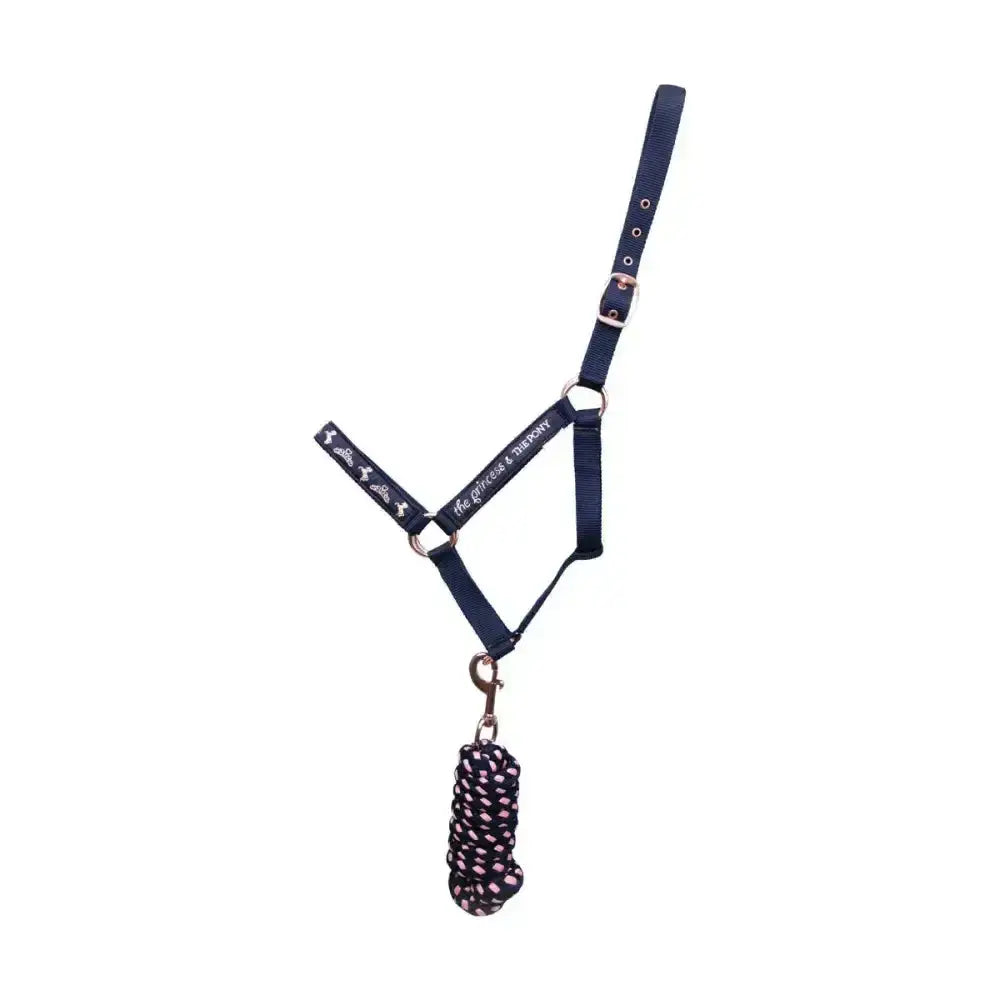 Navy head collar and braided lead rope set with white bone pattern pony head collar by little rider