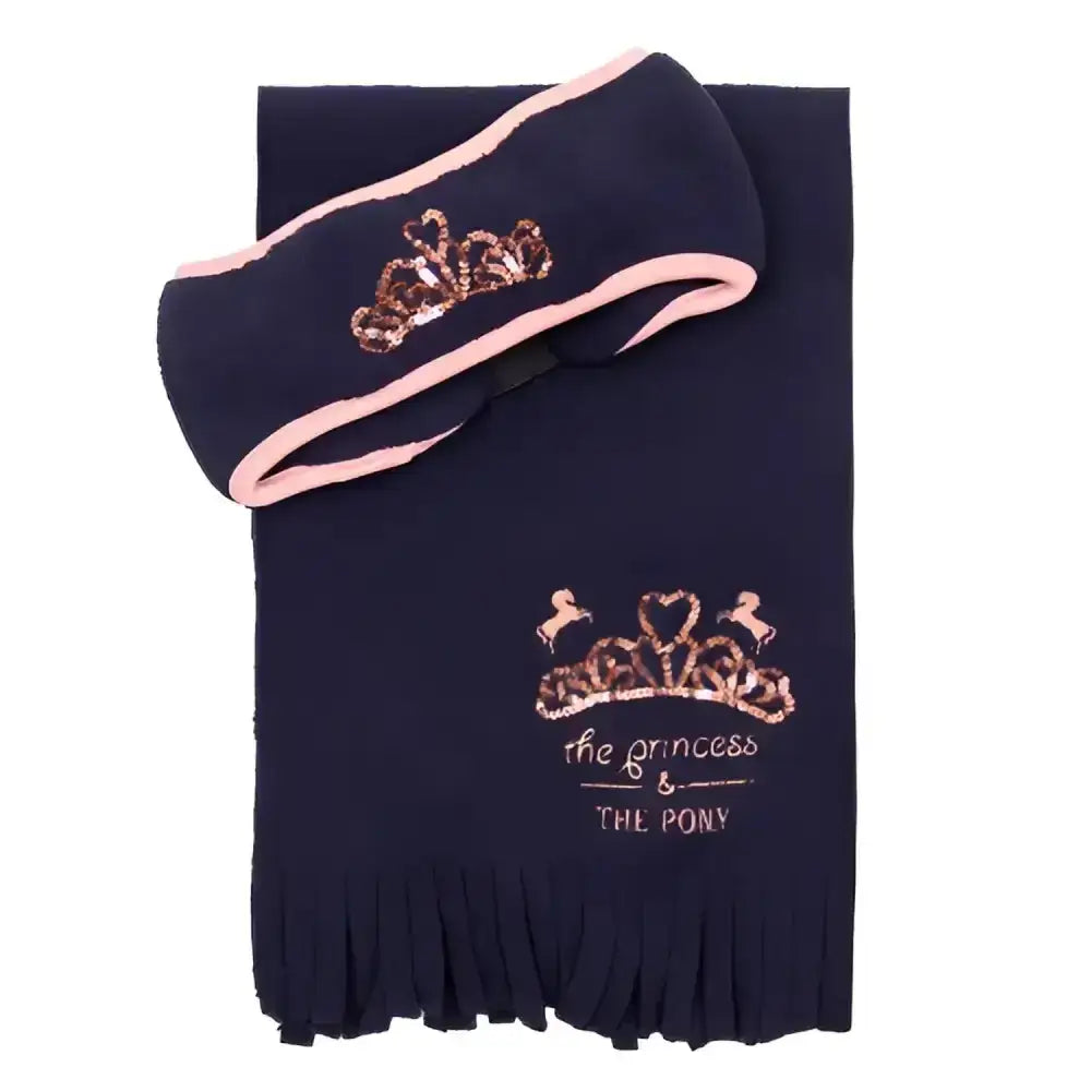 Navy blue super-soft fleece scarf with pink trim and sequined princess pony design from little rider pony headband scarf set ready