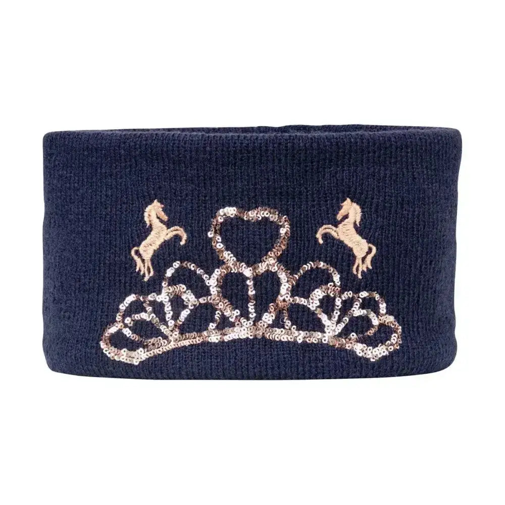 Navy blue knit pony headband snood with sequined tiara and gold horse silhouettes by little rider, perfect pony lover warmer
