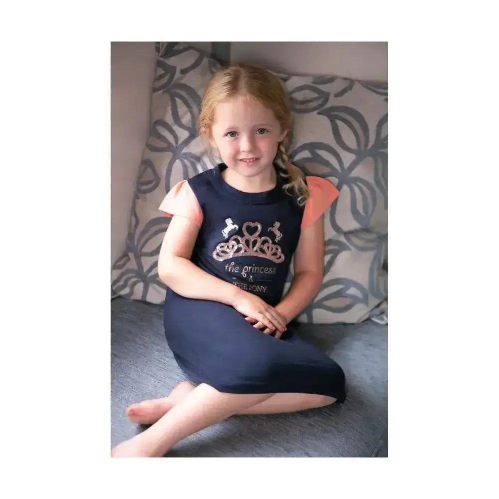 Navy blue sleeveless pony nighty with pink flutter sleeves and silver sequined horses crown design from little rider