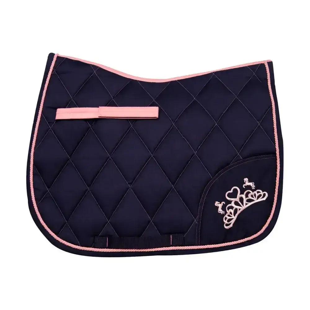 Navy blue quilted pony saddle pad with pink piping and strap featuring a white tiara embroidered design by little rider