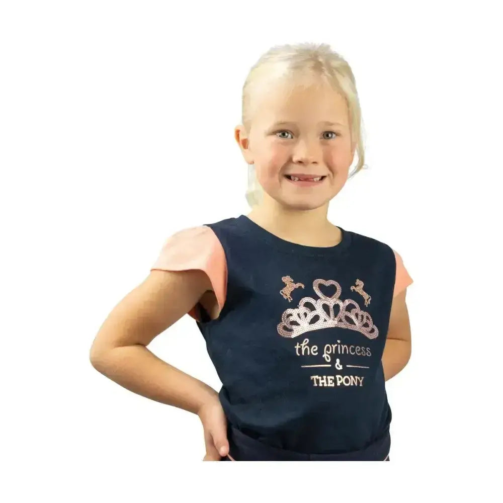 Navy t-shirt features pink ruffled shoulders and a glittering rose gold crown with two ponies perfect for pony loving princess fans