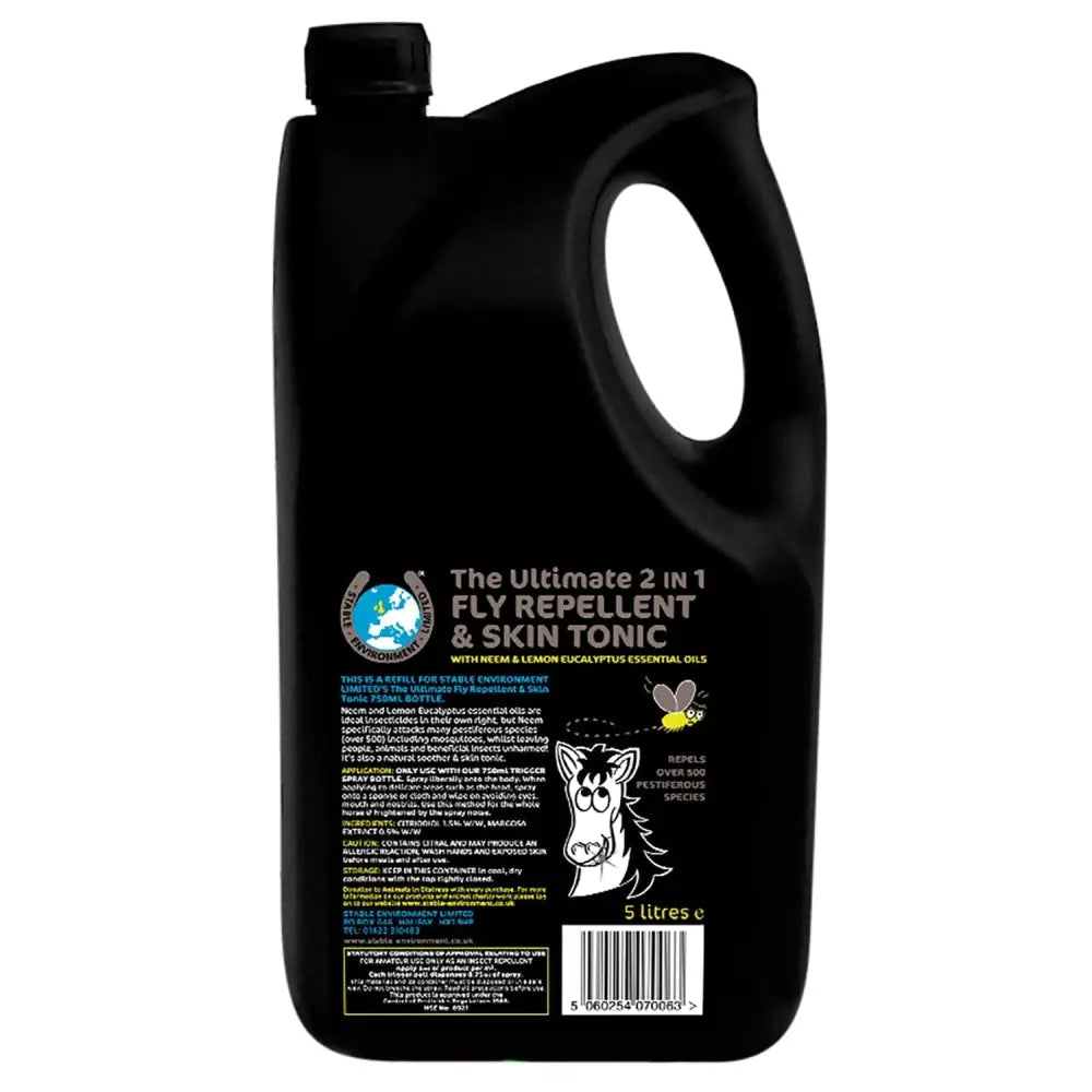 Black plastic jug with handle and cap labeled the ultimate 2 in 1 fly repellent skin tonic with lemon eucalyptus essential and dual action spray